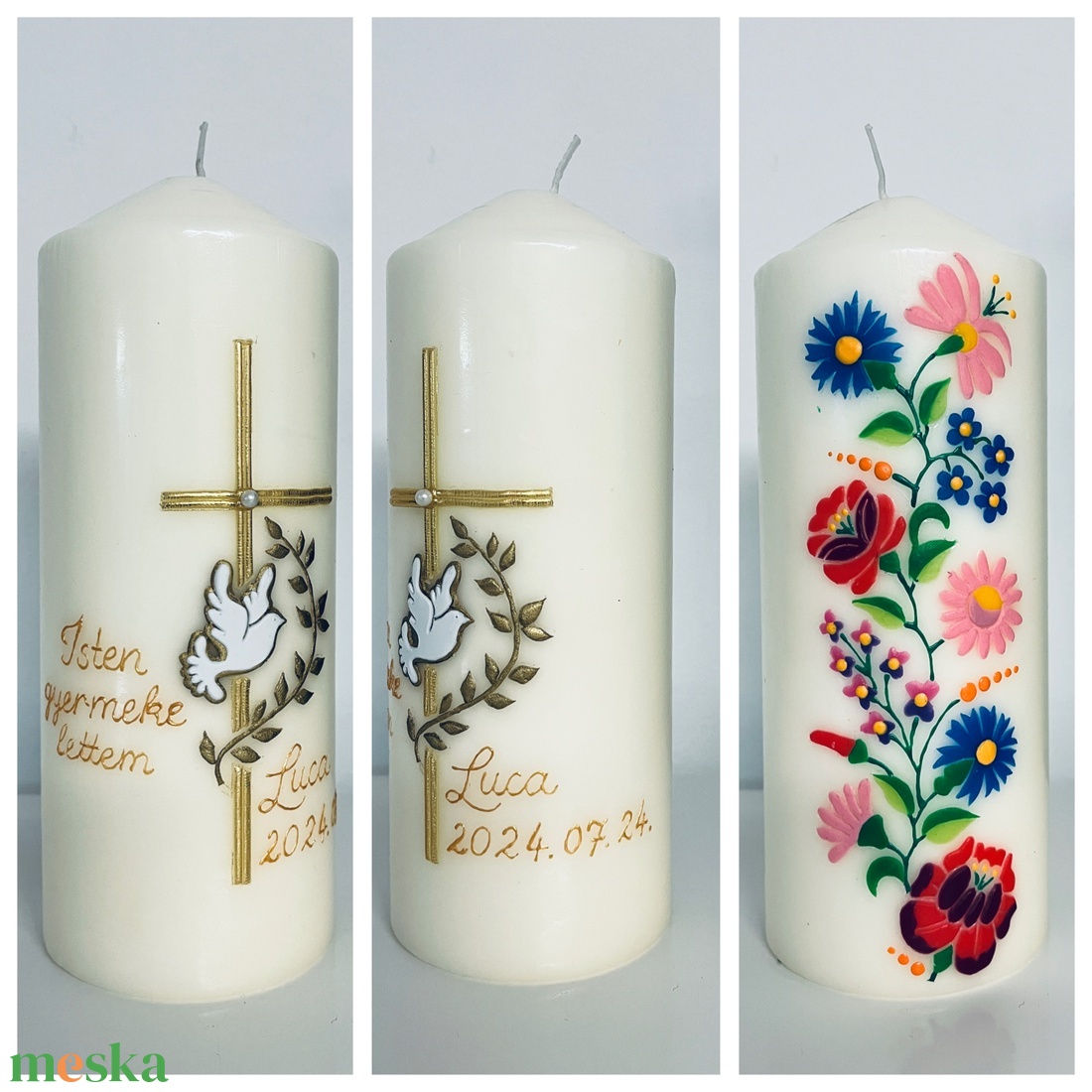 Galambos-Kalocsai gyertya szett keresztelőre - otthon & életmód - gyertya, illat, aroma - gyertya - Meska.hu