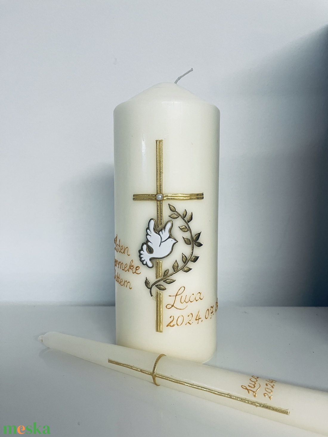 Galambos-Kalocsai gyertya szett keresztelőre - otthon & életmód - gyertya, illat, aroma - gyertya - Meska.hu