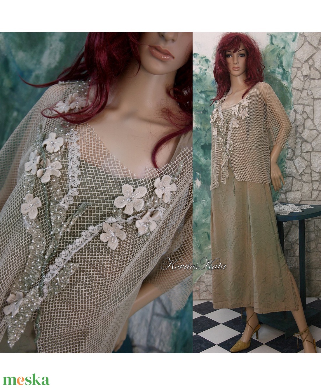JASMINE-SZETT - shabby chic öltözet: batikolt selyemruha applikált necctoppal - ruha & divat - női ruha - ruha - Meska.hu
