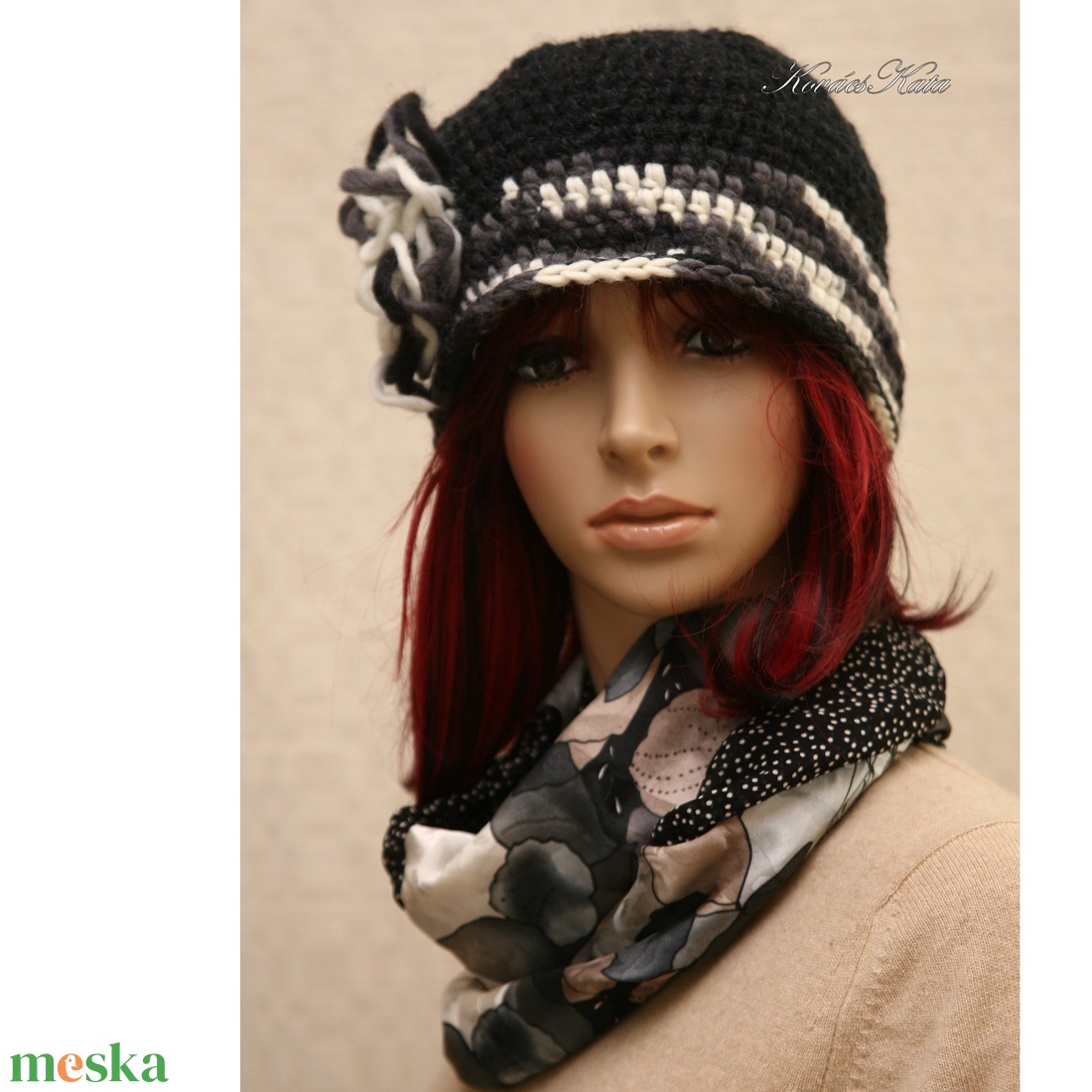 KIMBERLY / fekete-fehér horgolt gyapjúkalap - ruha & divat - sál, sapka, kendő - kalap - Meska.hu
