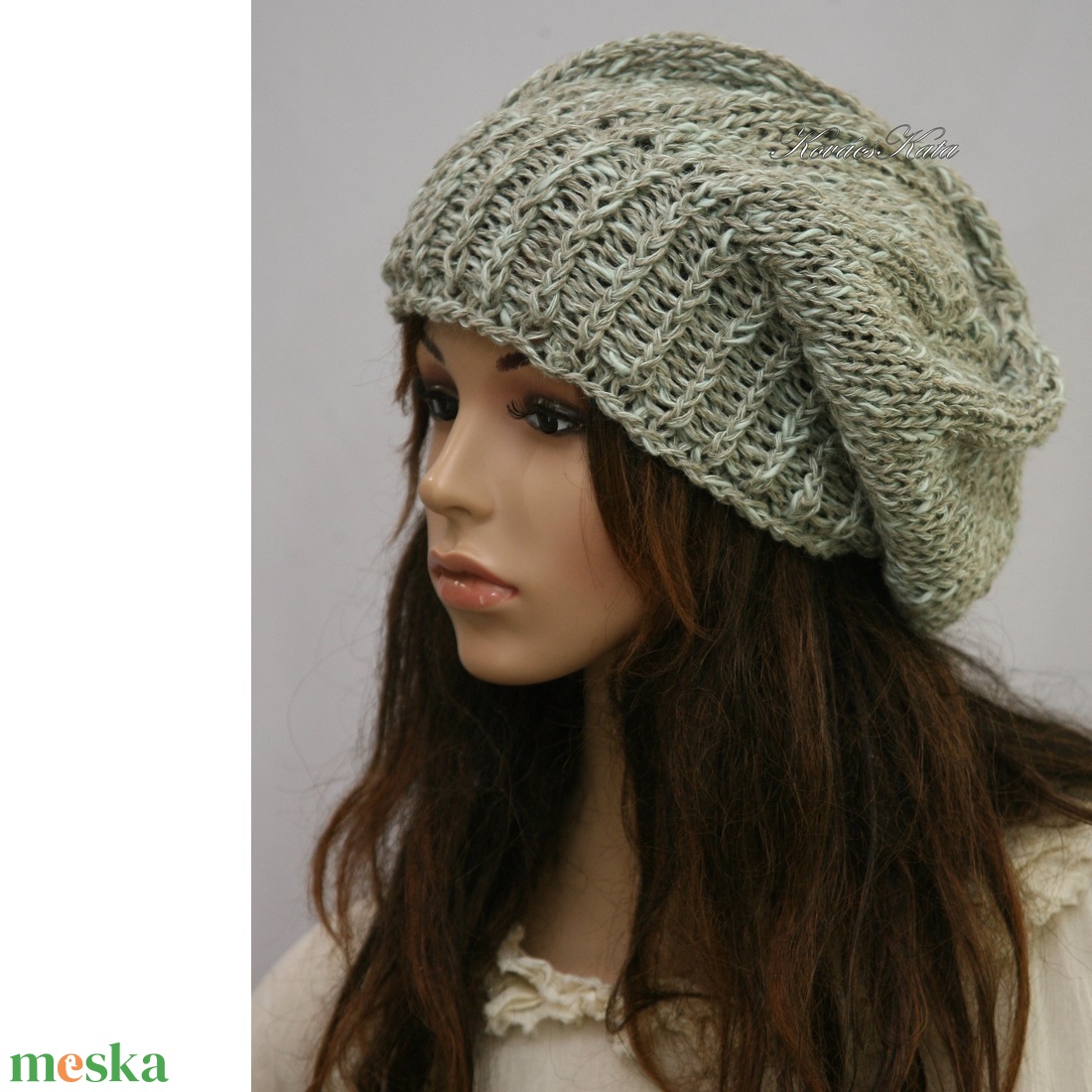 BEANIE - trendi kézzel kötött zöld len sapka - ruha & divat - sál, sapka, kendő - sapka - Meska.hu