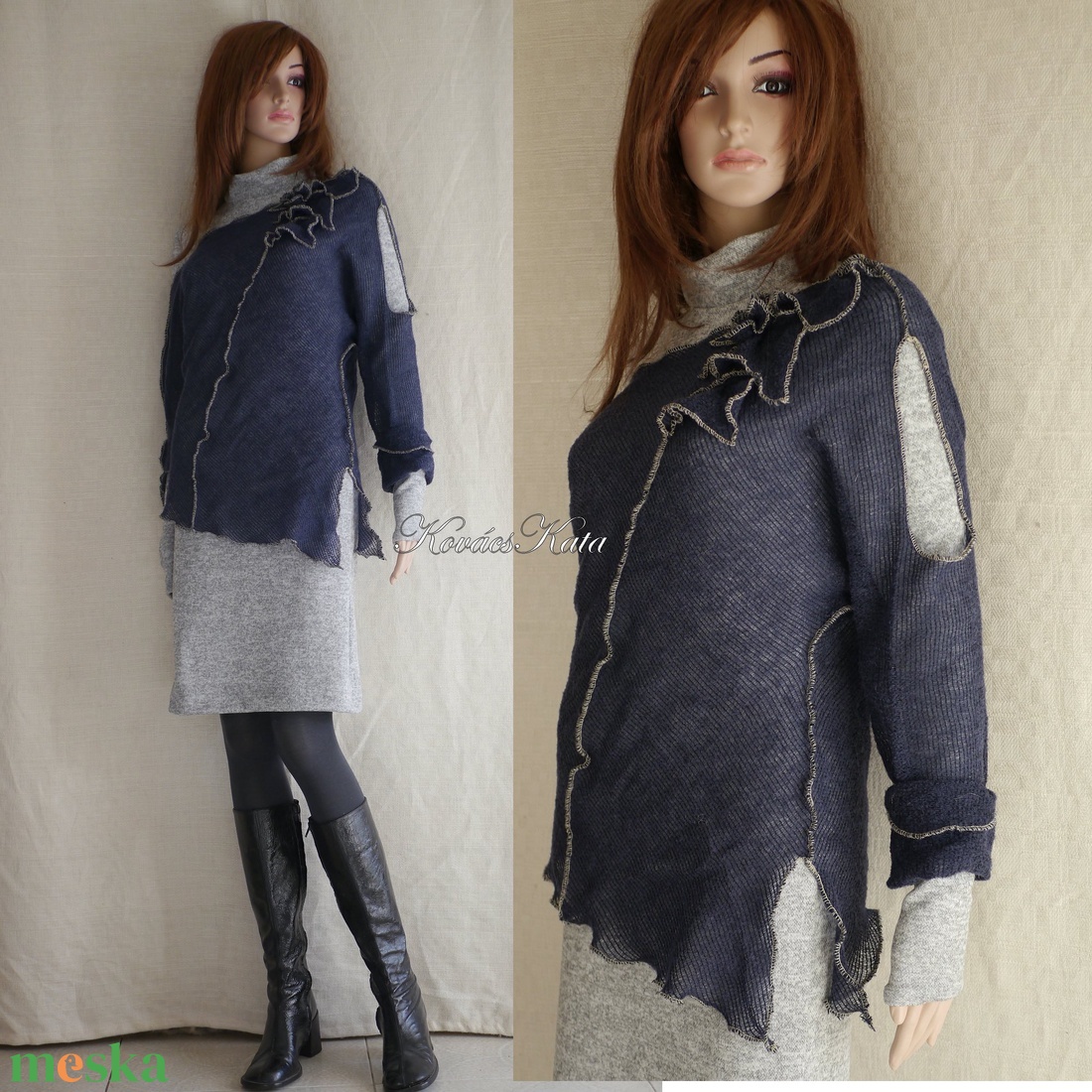 GRUNGE PULCSI / sötétkék - lagenlook tunika  - ruha & divat - női ruha - pulóver - Meska.hu
