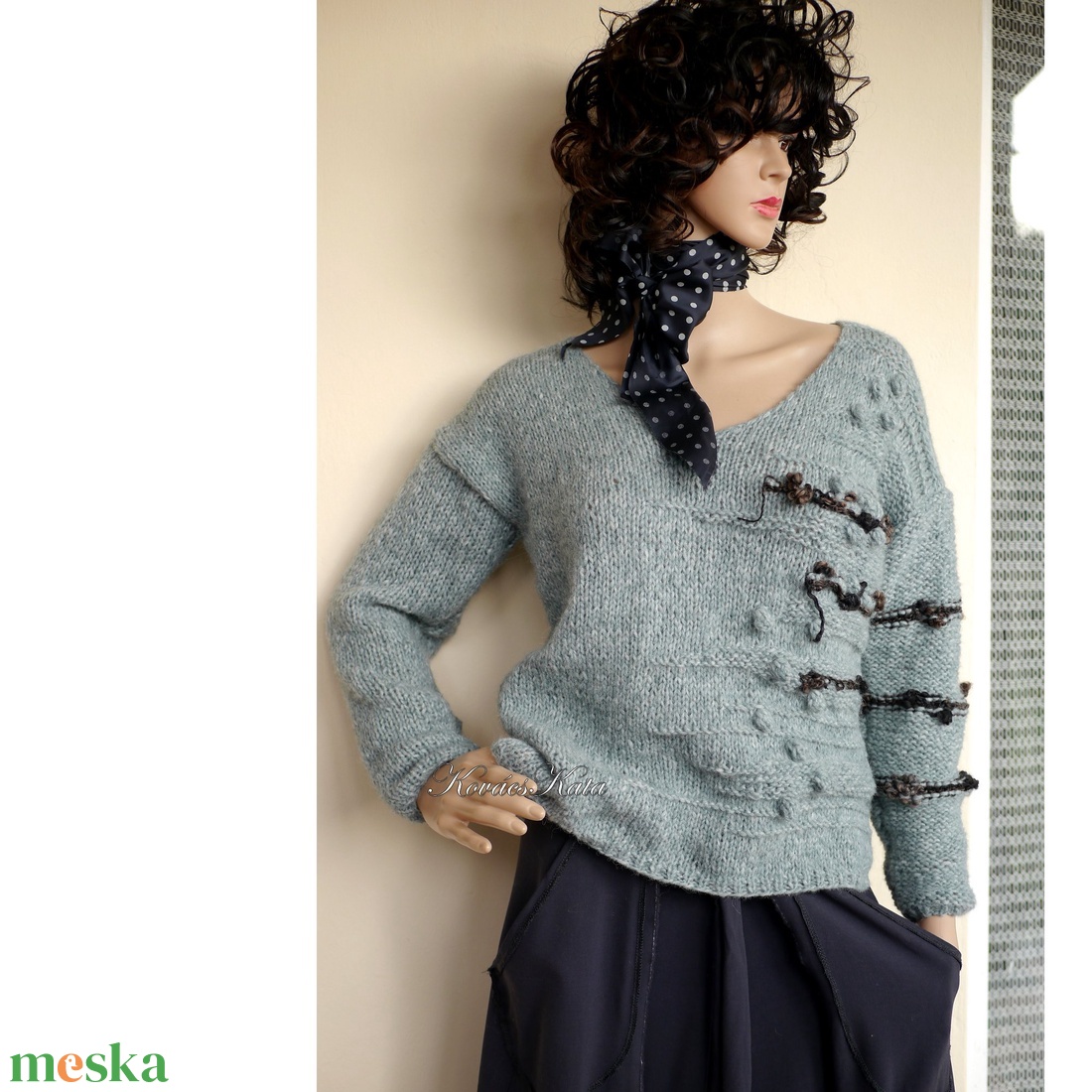 ALPAKA/BARKA - kézzel kötött extravagáns artsy-design pulóver / jade - ruha & divat - női ruha - pulóver & kardigán - Meska.hu