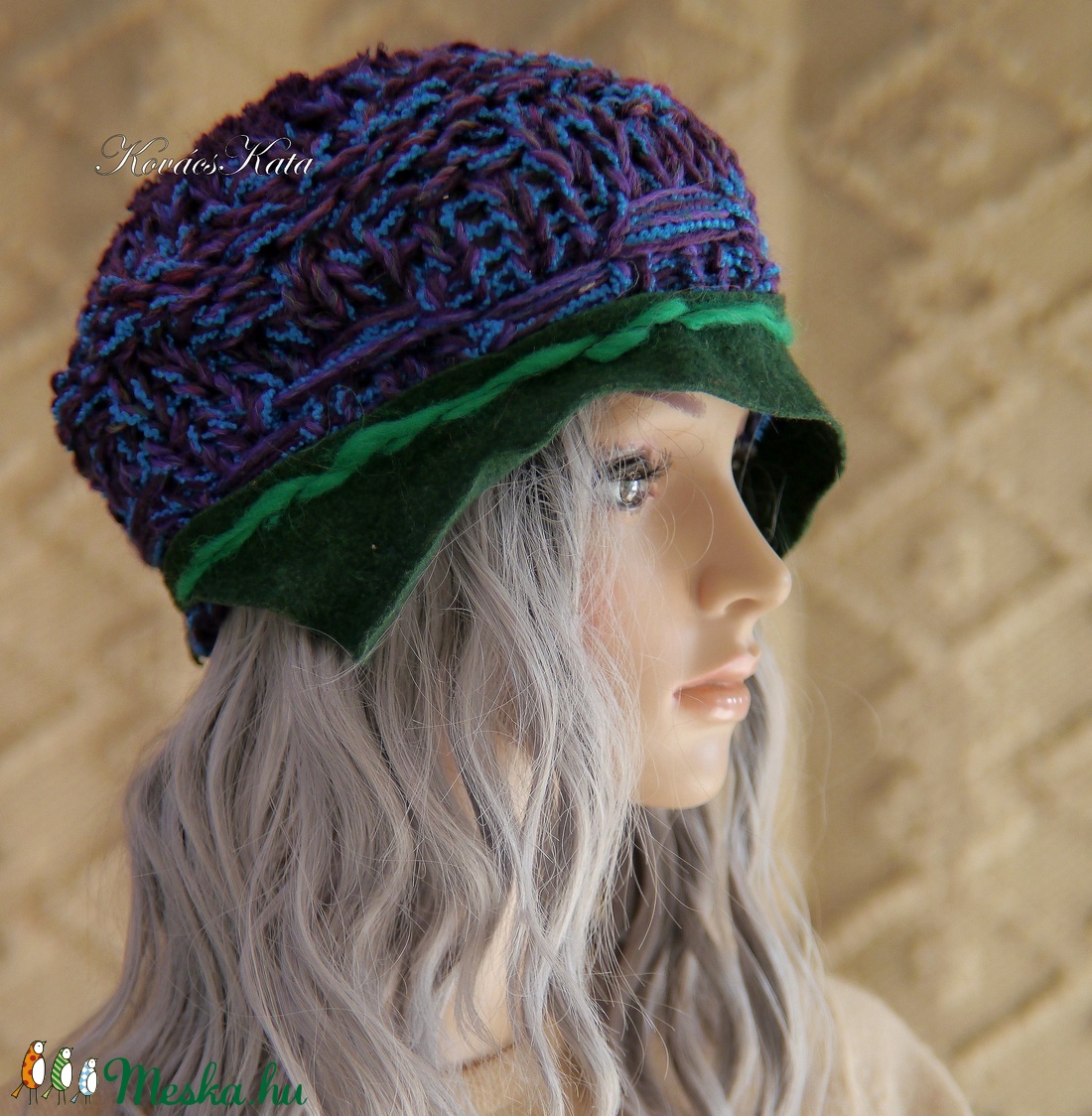 CLOCHE-ART - kézzel kötött kalap / lila-zöld  - ruha & divat - sál, sapka, kendő - sapka - Meska.hu