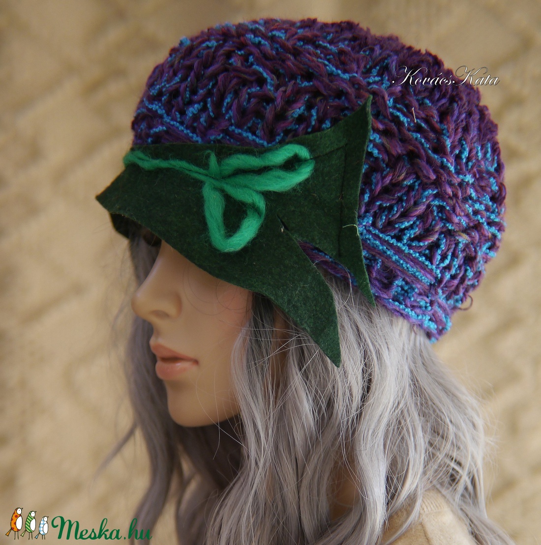 CLOCHE-ART - kézzel kötött kalap / lila-zöld  - ruha & divat - sál, sapka, kendő - sapka - Meska.hu
