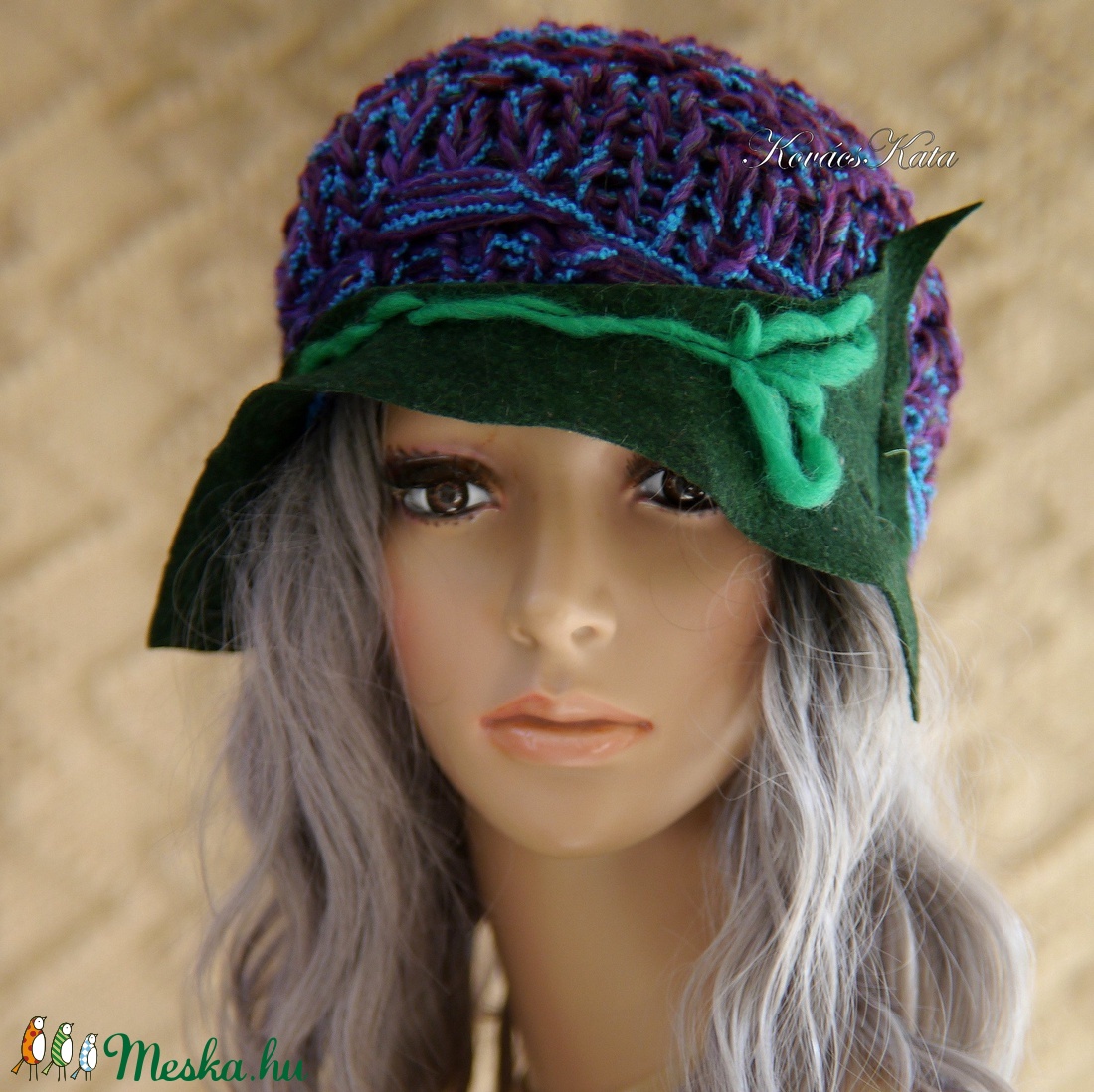 CLOCHE-ART - kézzel kötött kalap / lila-zöld  - ruha & divat - sál, sapka, kendő - sapka - Meska.hu