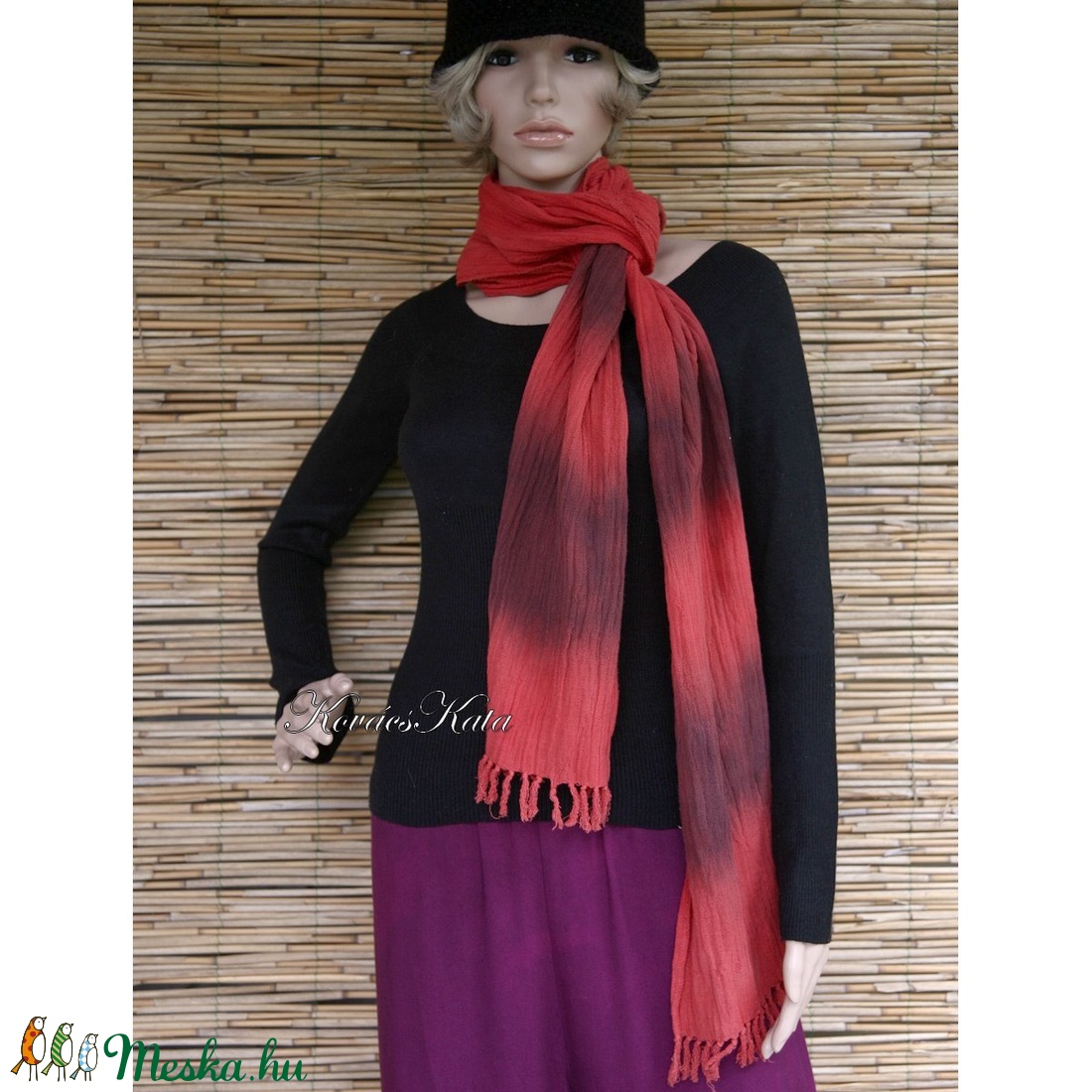 SZAFARI-SÁL / piros-fekete batikolt hosszú gézsál - ruha & divat - sál, sapka, kendő - sál - Meska.hu