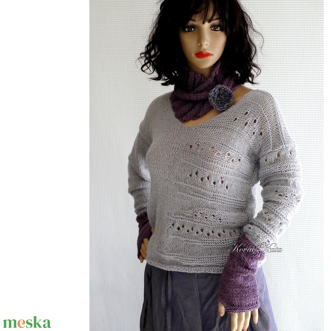 BARKA BabyAlpaca Silk- kézzel kötött exkluzív artsy-design pulóver / gyöngy-szürke - ruha & divat - női ruha - pulóver & kardigán - Meska.hu