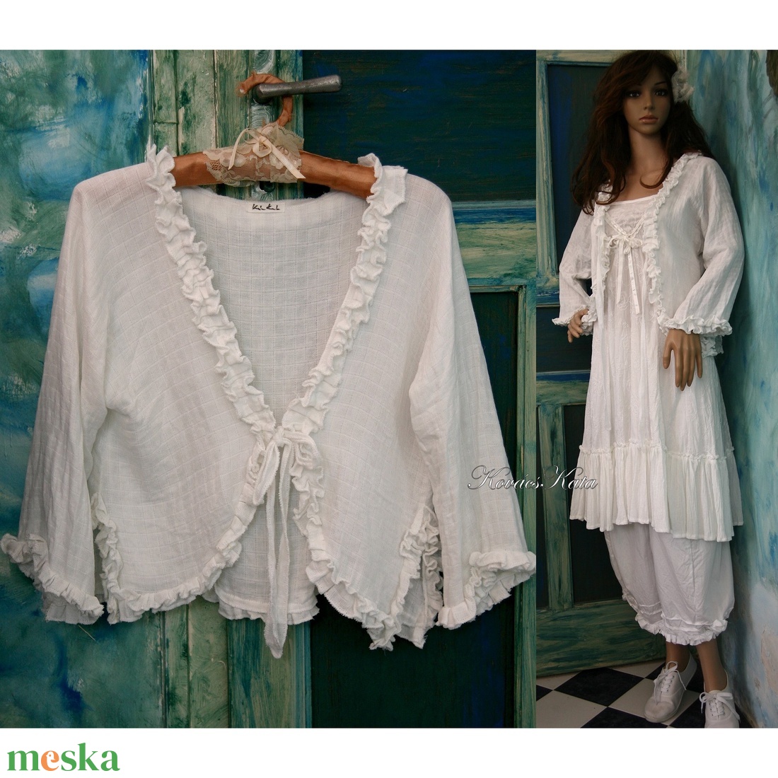 AIDA - lagenlook géz-kabátka / fehér - ruha & divat - női ruha - bolero - Meska.hu