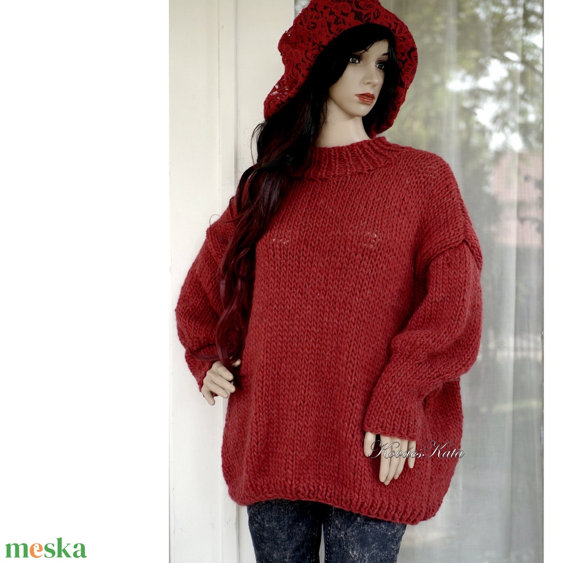 BOYFRIEND MAXI-PULCSI - oversized kézzel kötött pulóver / borvörös - ruha & divat - női ruha - pulóver - Meska.hu