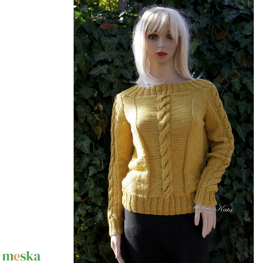 BABETTE - exkluzív kézzel kötött merino-pamut design pulóver / okker  - ruha & divat - női ruha - pulóver - Meska.hu