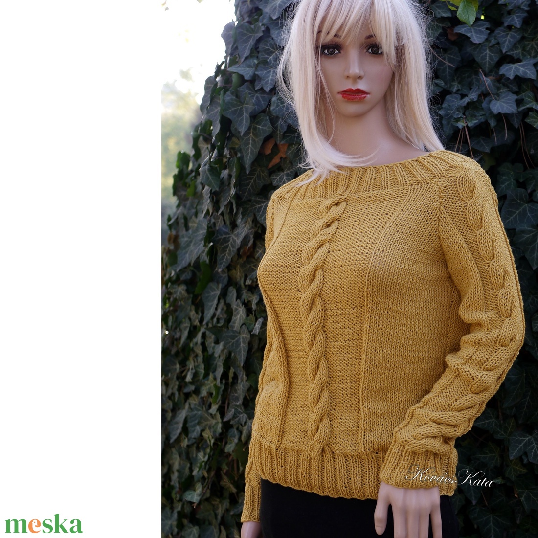 BABETTE - exkluzív kézzel kötött merino-pamut design pulóver / okker  - ruha & divat - női ruha - pulóver - Meska.hu