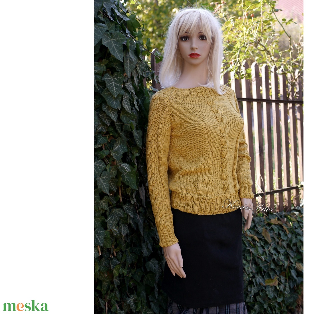 BABETTE - exkluzív kézzel kötött merino-pamut design pulóver / okker  - ruha & divat - női ruha - pulóver - Meska.hu