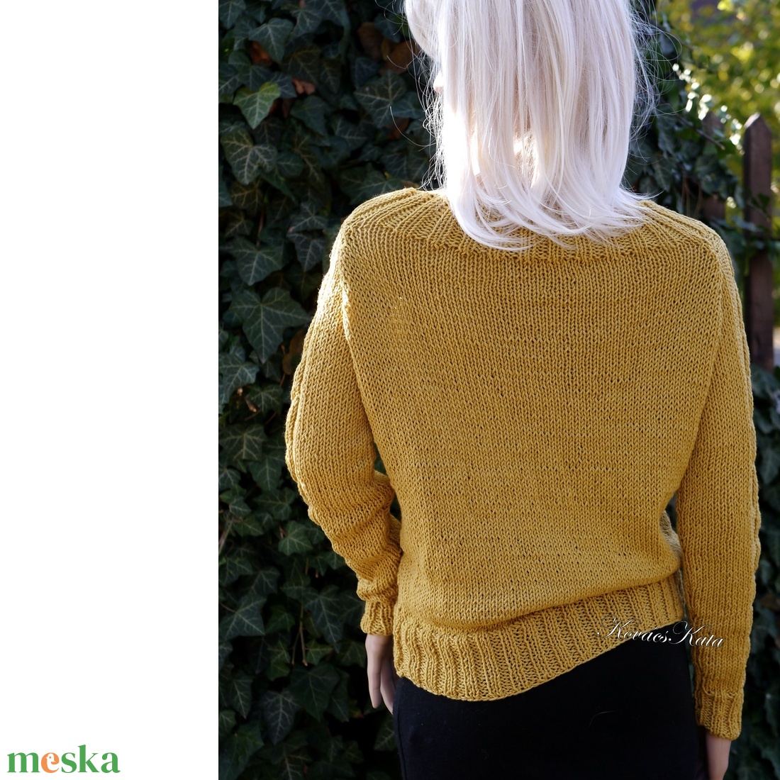 BABETTE - exkluzív kézzel kötött merino-pamut design pulóver / okker  - ruha & divat - női ruha - pulóver - Meska.hu