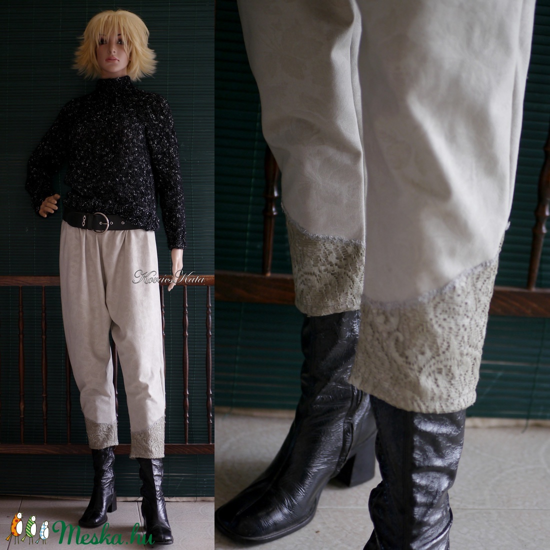 ERNA NADRÁG - romantikus design nadrág / homok jacquard - ruha & divat - női ruha - nadrág - Meska.hu