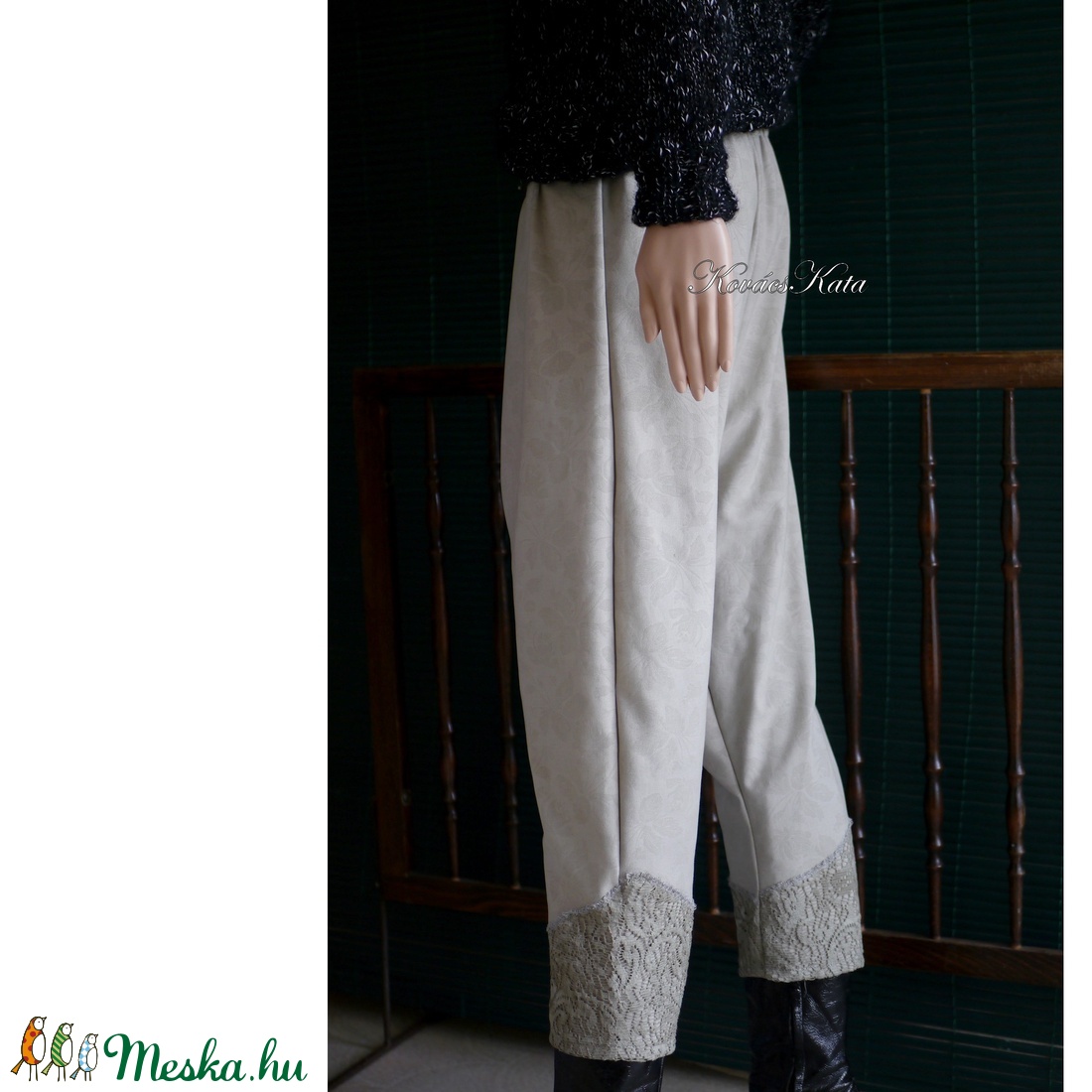 ERNA NADRÁG - romantikus design nadrág / homok jacquard - ruha & divat - női ruha - nadrág - Meska.hu