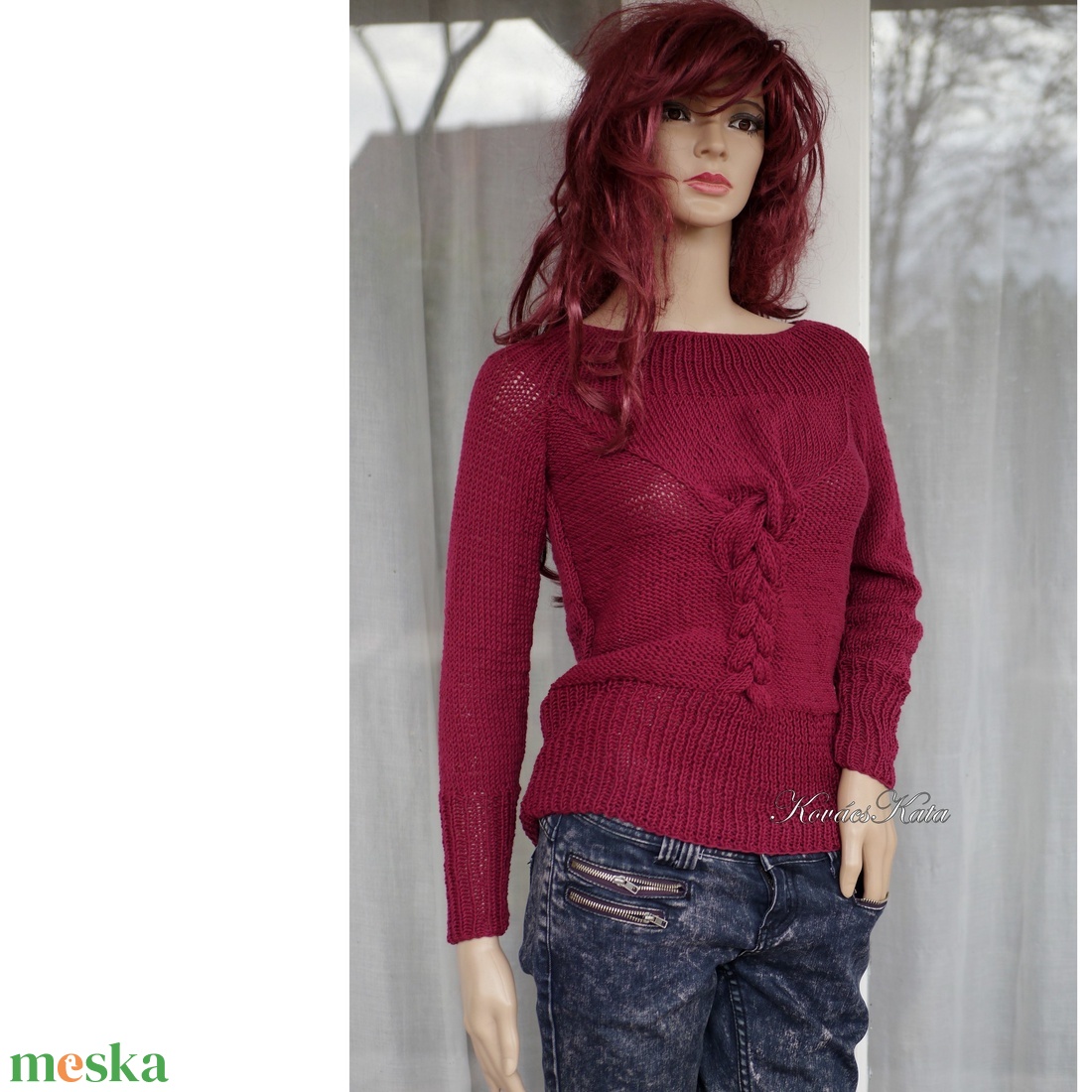 MADIE / merinó-pamut - kézzel kötött design pulóver / bordó - ruha & divat - női ruha - pulóver & kardigán - Meska.hu