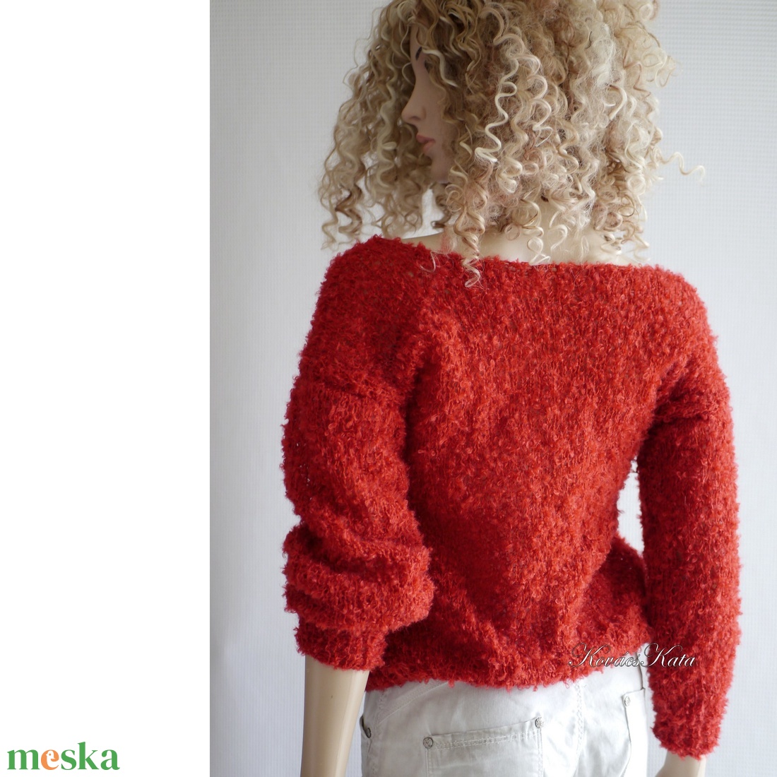 VALI - exkluzív kézzel kötött buklé-mohair pulóver / sötét-piros - ruha & divat - női ruha - pulóver - Meska.hu