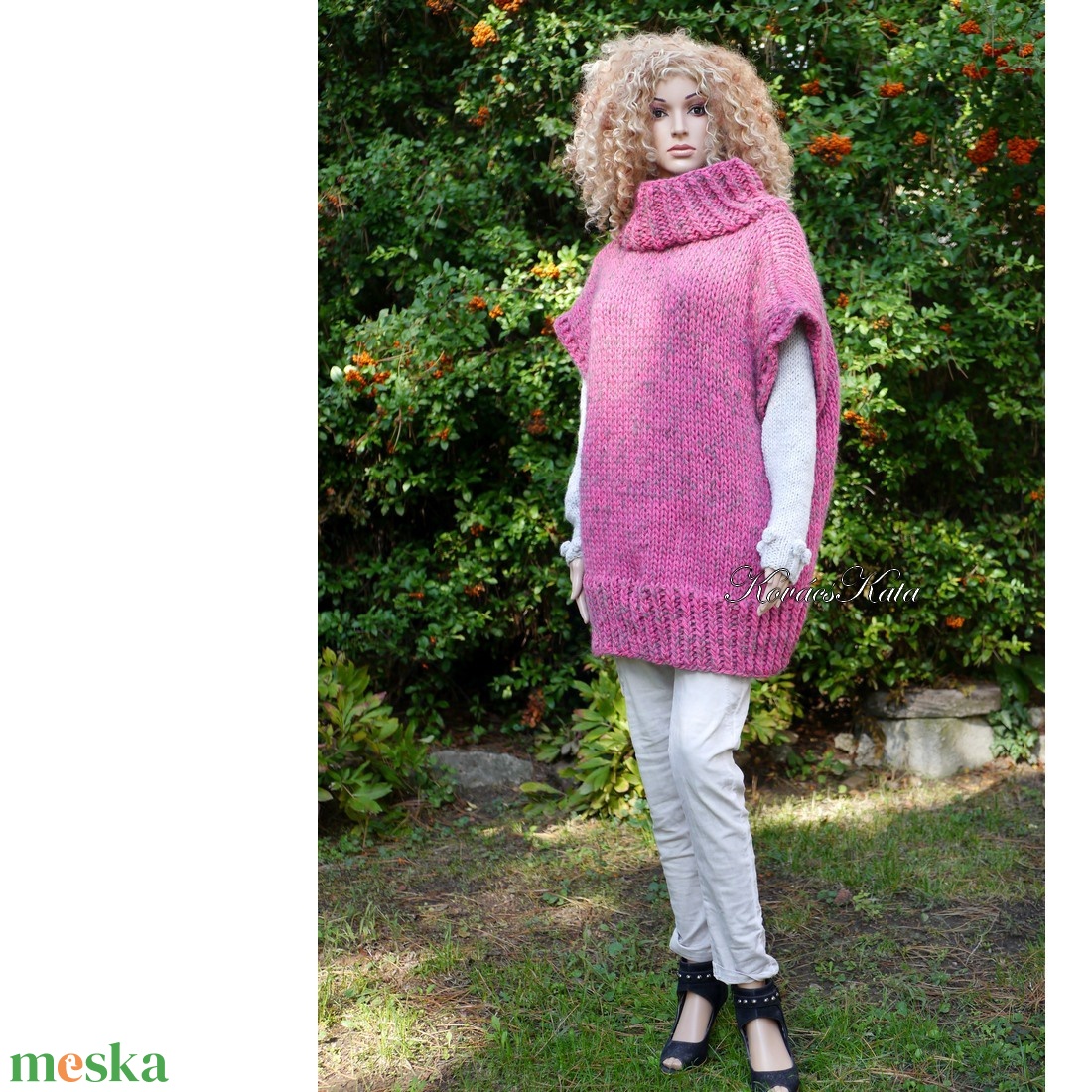 NIKIALPAKA PONCSÓ -  kézzel kötött extra-vastag maxi pulóver mellény / pink - ruha & divat - női ruha - pulóver - Meska.hu