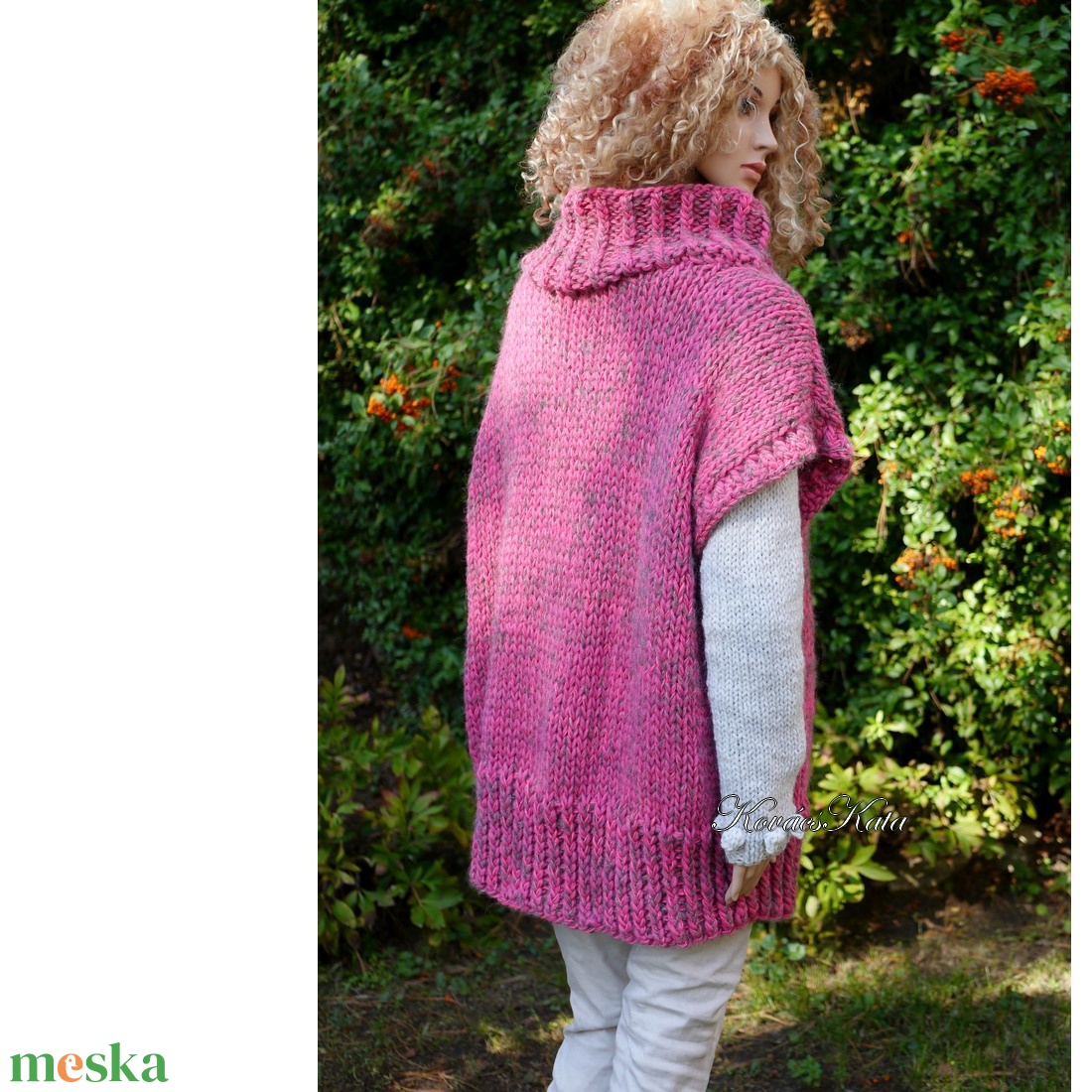 NIKIALPAKA PONCSÓ -  kézzel kötött extra-vastag maxi pulóver mellény / pink - ruha & divat - női ruha - pulóver - Meska.hu