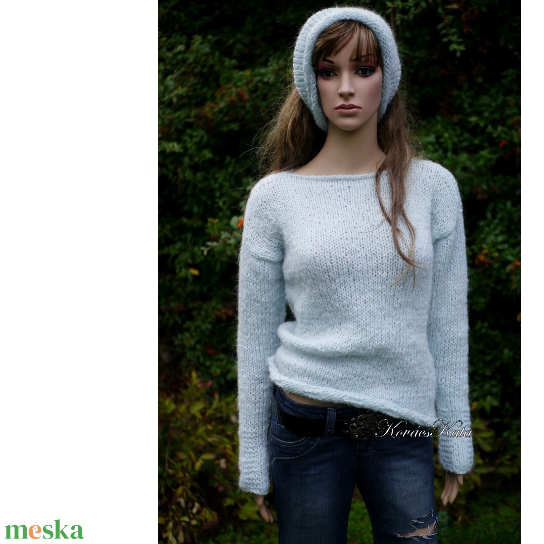 AMANDA - trendi kézzel kötött pulóver + kámzsával / jég-kék - ruha & divat - női ruha - pulóver - Meska.hu AMANDA - trendi kézzel kötött pulóver + kámzsával / jég-kék - ruha & divat - női ruha - pulóver - Meska.hu