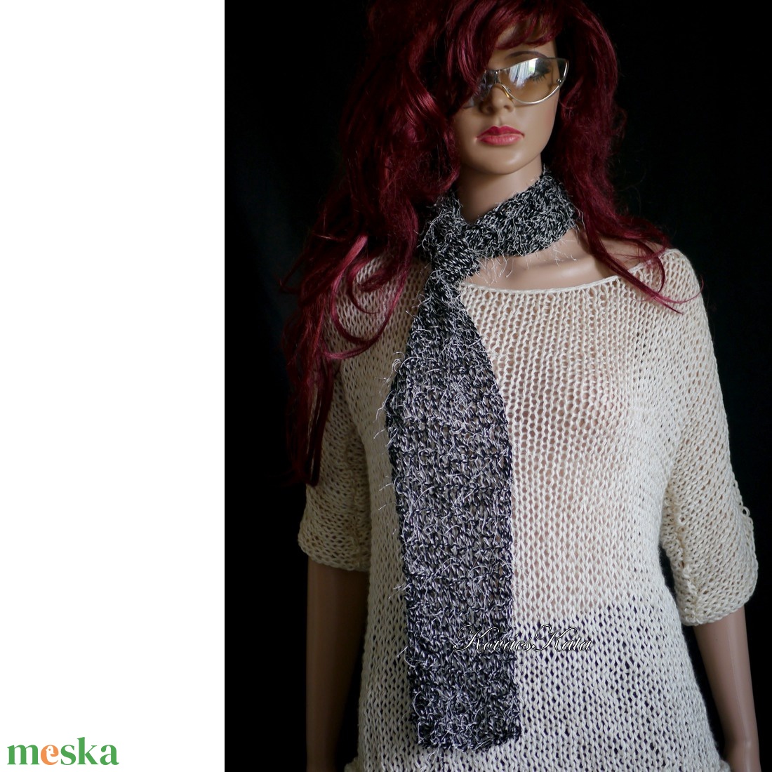 SANSA  - kézzel kötött design-sál / fekete-fehér - ruha & divat - sál, sapka, kendő - sál - Meska.hu