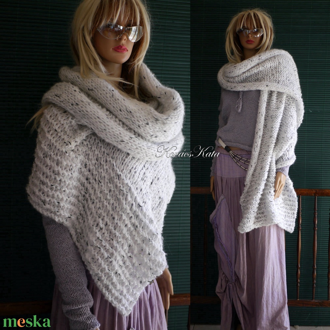 MAXI-STÓLA - extravagáns kézzel kötött  mohair sál HERMELIN / halvány-szürke - ruha & divat - női ruha - poncsó - Meska.hu