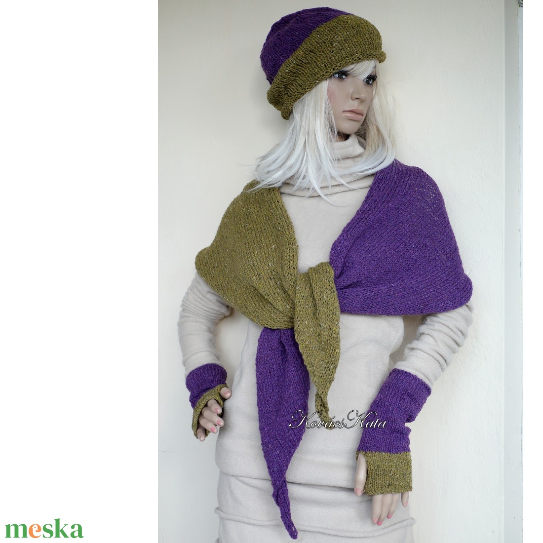 ALPAKA-TWEED SZETT - exkluzív kézzel kötött alpaka sál, sapka, kesztyűszár / ibolya-mustár - ruha & divat - sál, sapka, kendő - sál - Meska.hu