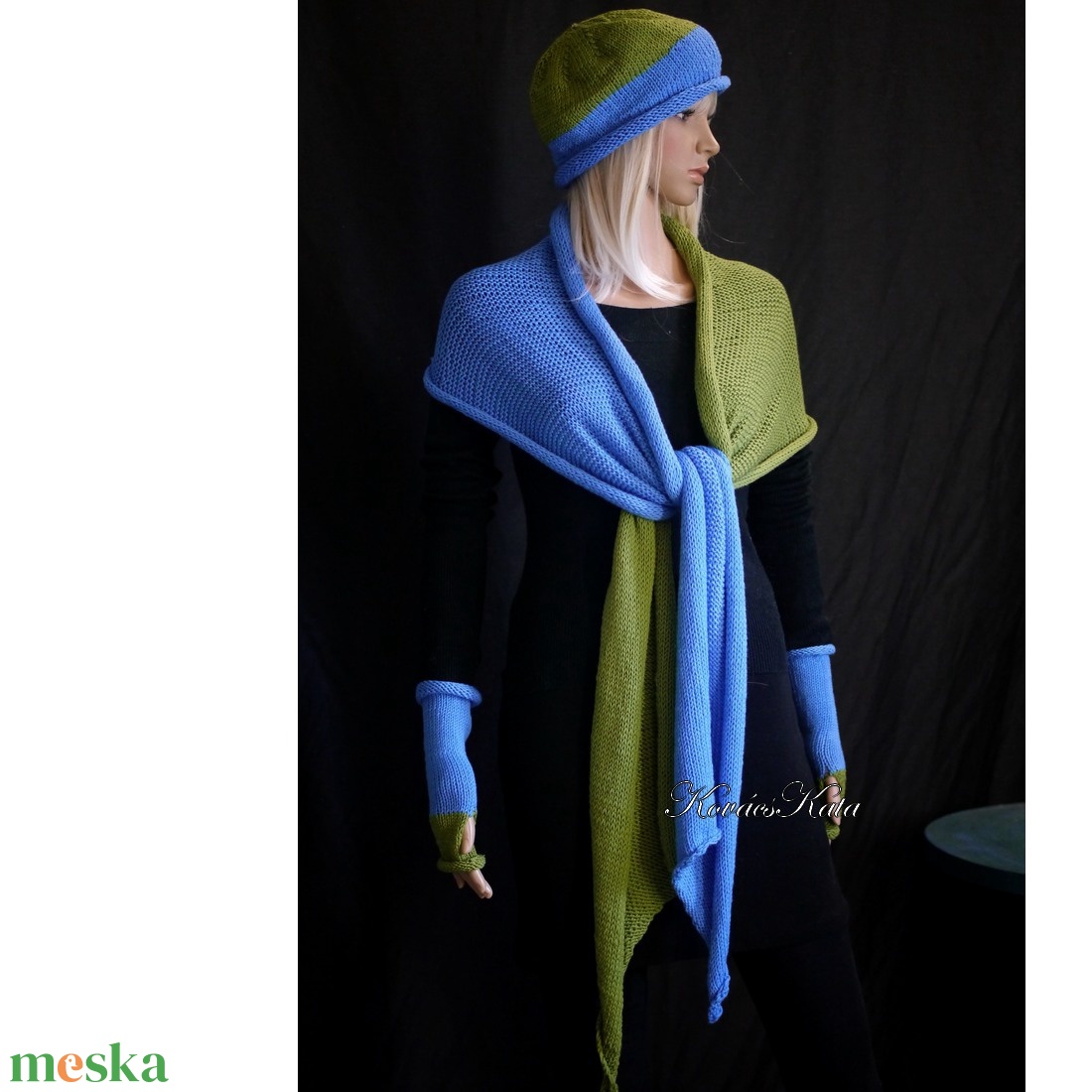 SUPERSOFT MERINÓ-SZETT - exkluzív kézzel kötött hosszú sál, sapka és kézmelegítő  / azúr-kivizöld - ruha & divat - sál, sapka, kendő - sapka & sál szett - Meska.hu