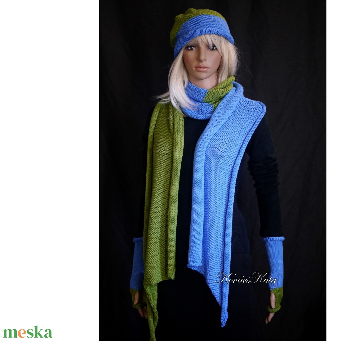 SUPERSOFT MERINÓ-SZETT - exkluzív kézzel kötött hosszú sál, sapka és kézmelegítő  / azúr-kivizöld - ruha & divat - sál, sapka, kendő - sapka & sál szett - Meska.hu
