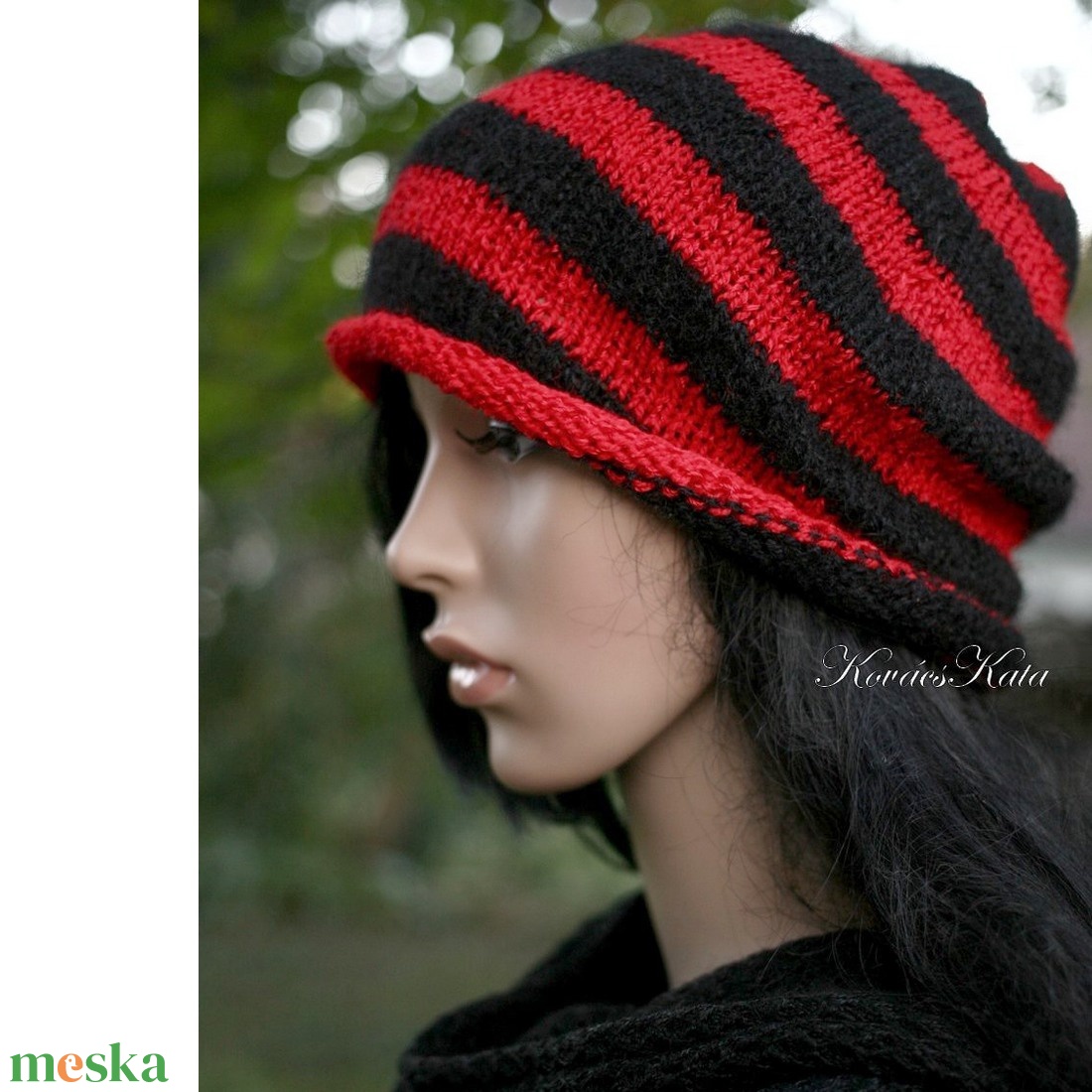 BUGSY / beanie - trendi kézzel kötött akril-selyem sapka / piros és fekete - ruha & divat - sál, sapka, kendő - sapka - Meska.hu