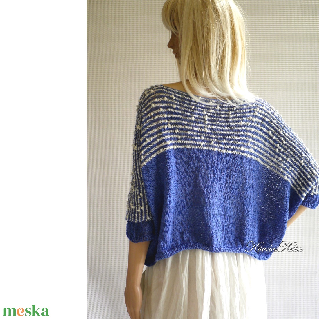 ADRINA / lenes - exkluzív kézzel kötött flowing pulóver / kék, fehér - ruha & divat - női ruha - pulóver & kardigán - Meska.hu