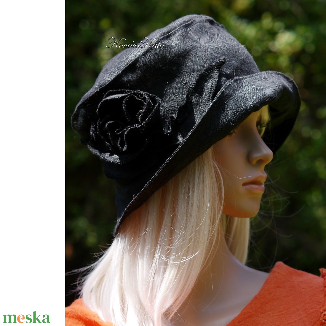 FREIA  - applikált jacquard lenvászon kalap / fekete - ruha & divat - sál, sapka, kendő - kalap - Meska.hu