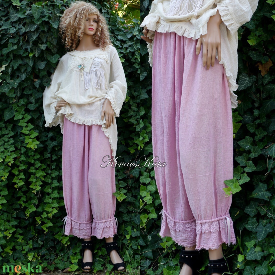 TEREZA - lagenlook bugyogó, romantikus nadrág / rózsaszín - ruha & divat - női ruha - nadrág - Meska.hu