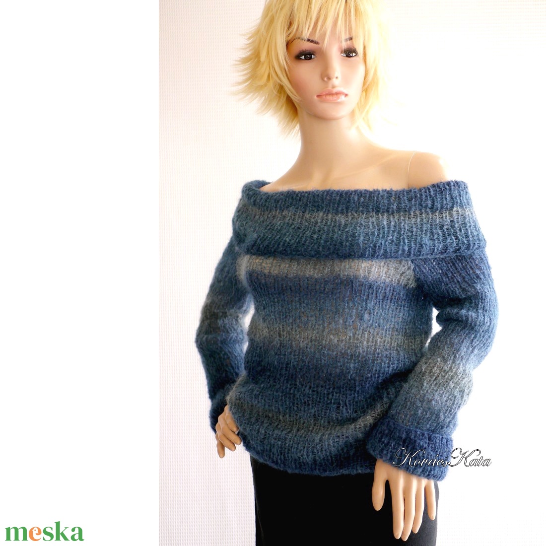 MARLENEMOHAIR-PULCSI - exkluzív kézzel kötött pulóver / kék színátmenetes - ruha & divat - női ruha - pulóver - Meska.hu