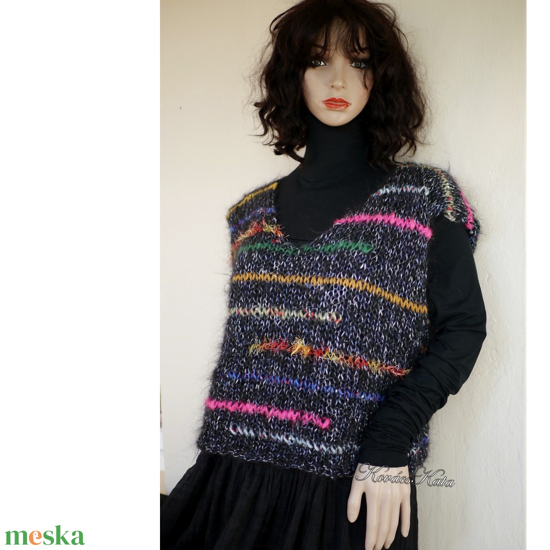 MOHAIR-FANTASY - kézzel kötött színes sávos mohair pulóver, mellény  - ruha & divat - női ruha - pulóver - Meska.hu