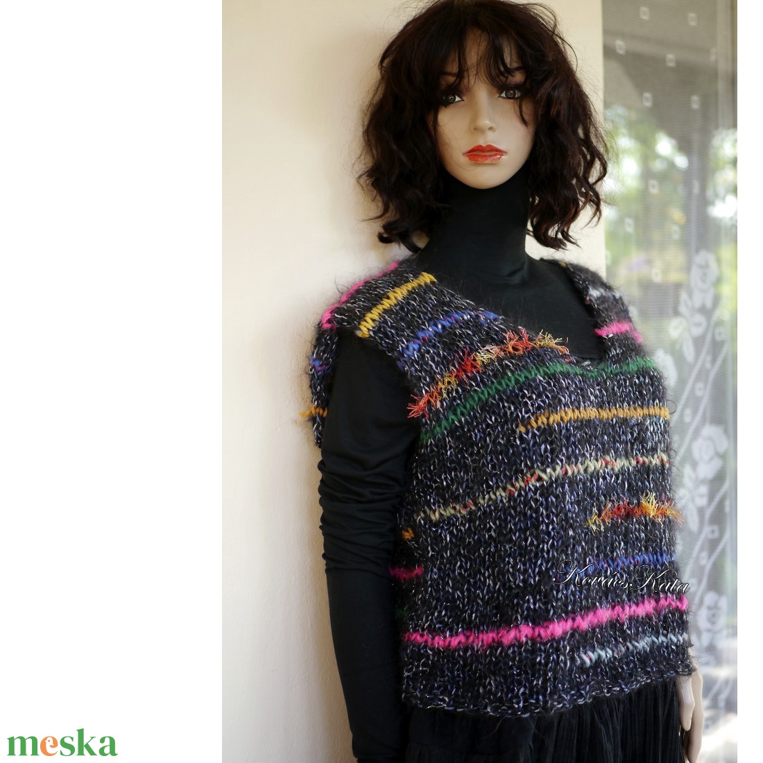 MOHAIR-FANTASY - kézzel kötött színes sávos mohair pulóver, mellény  - ruha & divat - női ruha - pulóver - Meska.hu