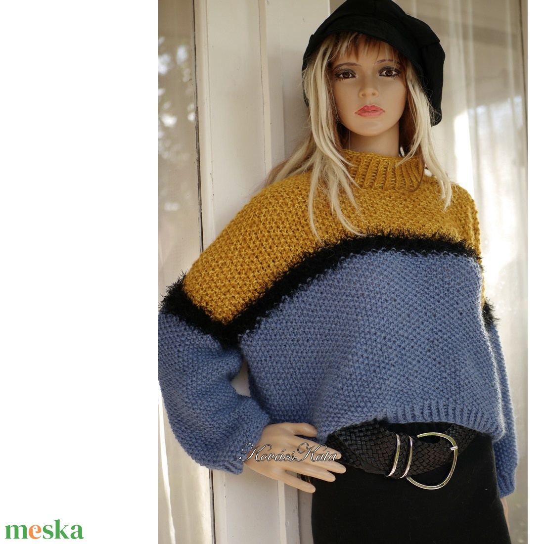 RICE ALPAKA PULCSI - exkluzív túlméretes kézzel kötött pulóver / kék + okker - ruha & divat - női ruha - pulóver & kardigán - Meska.hu