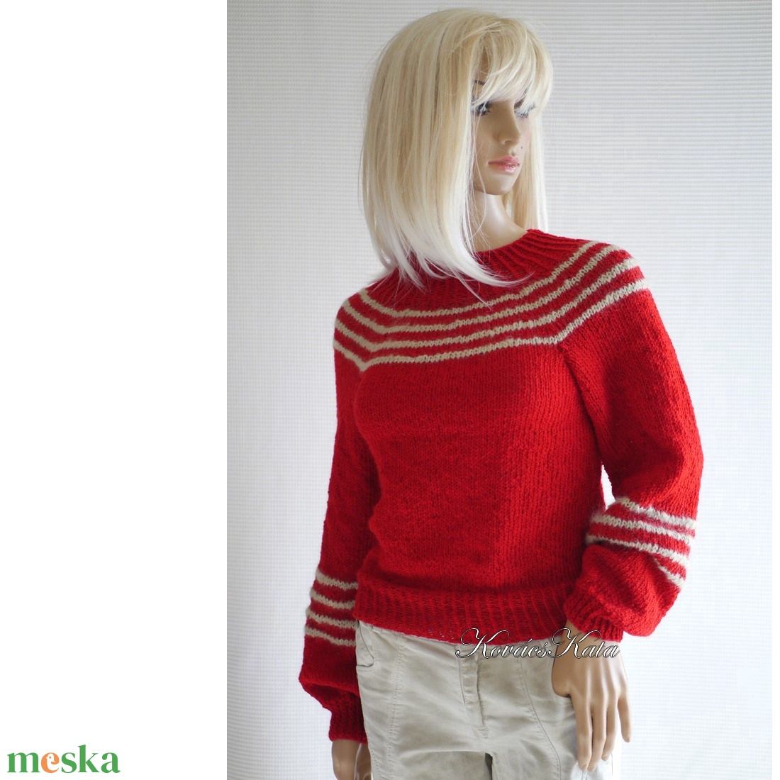 RITA - exkluzív kézzel kötött merinó-kasmír pulóver / piros, bézs - ruha & divat - női ruha - pulóver & kardigán - Meska.hu
