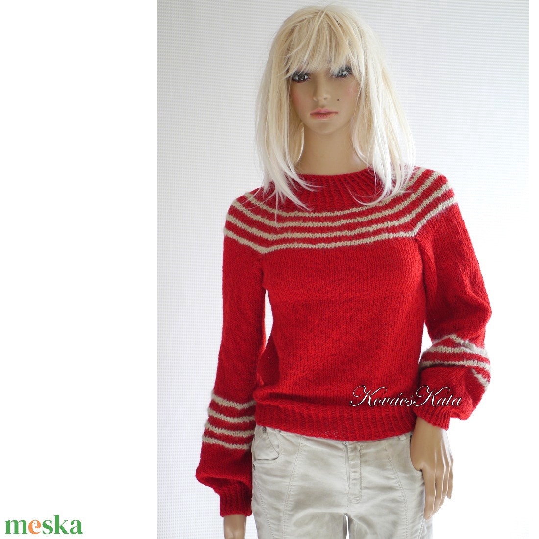 RITA - exkluzív kézzel kötött merinó-kasmír pulóver / piros, bézs - ruha & divat - női ruha - pulóver & kardigán - Meska.hu