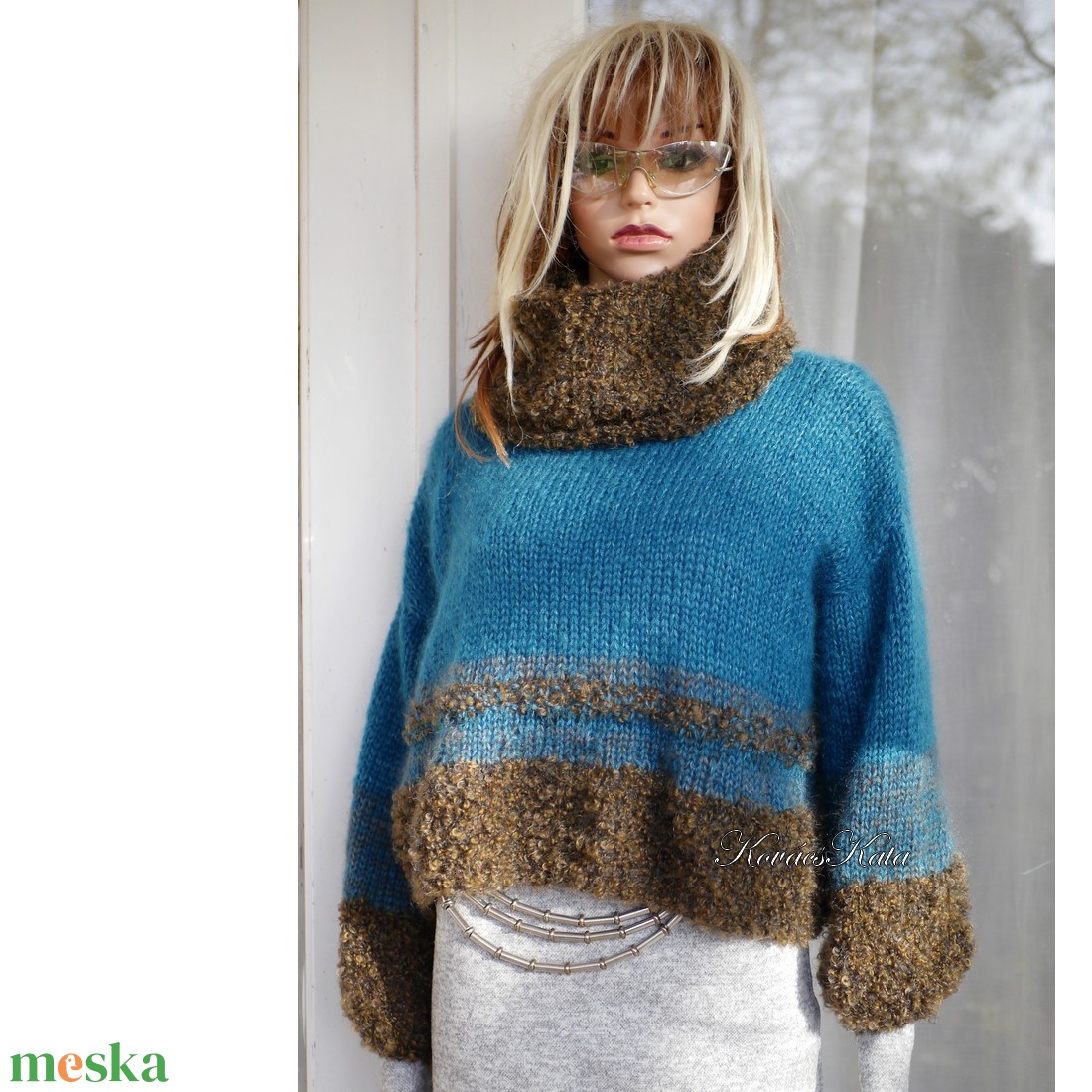 IVETT / kasmír - exkluzív kézzel kötött VIP merinó-kasmír silk-mohair pulóver / petrol-keki - ruha & divat - női ruha - pulóver - Meska.hu