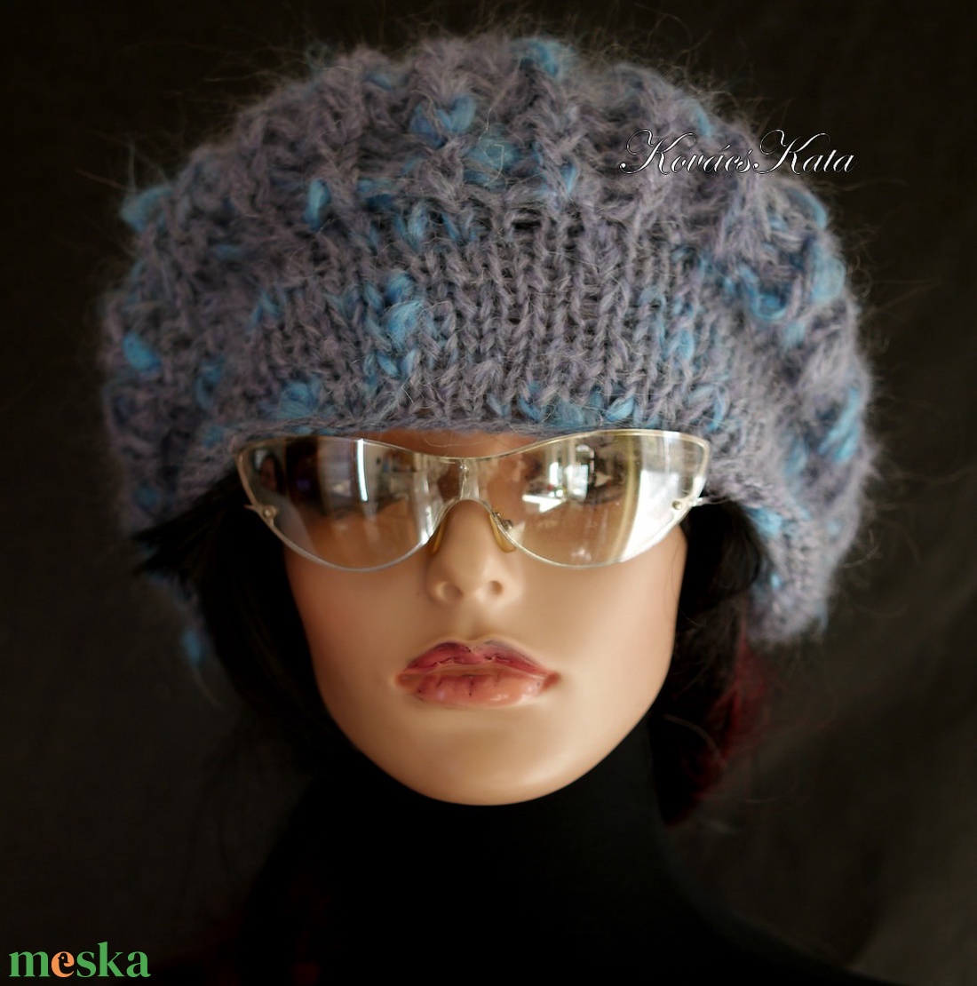 DORA / szürke-türkiz - extravagáns kézzel kötött chunky mohair gomba sapka  - ruha & divat - sál, sapka, kendő - sapka - Meska.hu