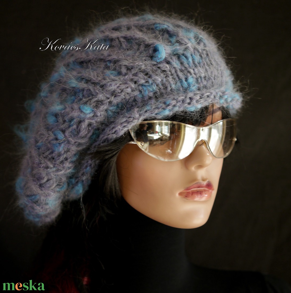 DORA / szürke-türkiz - extravagáns kézzel kötött chunky mohair gomba sapka  - ruha & divat - sál, sapka, kendő - sapka - Meska.hu