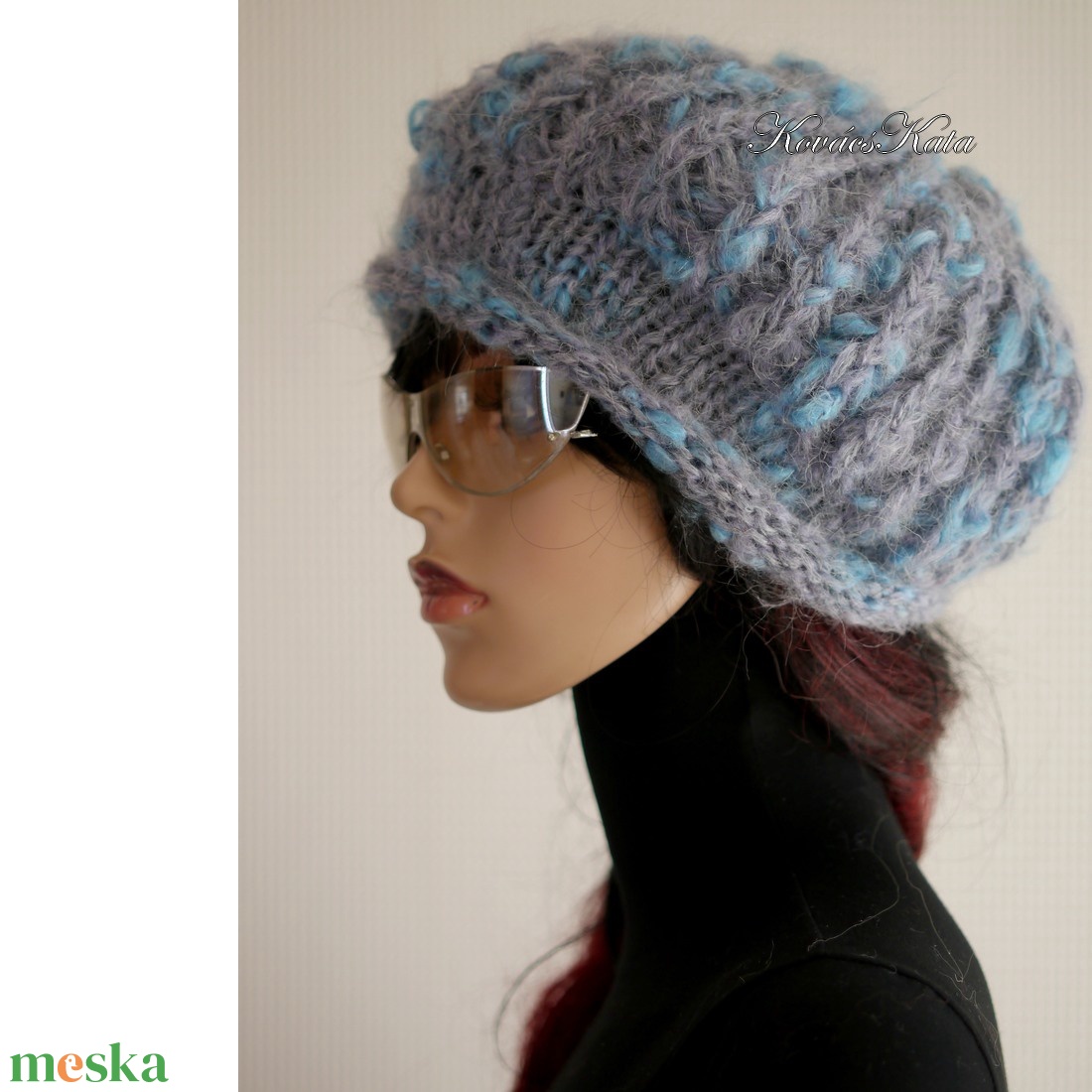 DORA / szürke-türkiz - extravagáns kézzel kötött chunky mohair gomba sapka  - ruha & divat - sál, sapka, kendő - sapka - Meska.hu