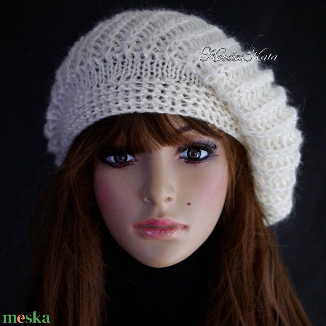 BORBÁLA / flitteres - exkluzív silkmohair-merinó kézzel kötött sapka, barett / ivory  - ruha & divat - sál, sapka, kendő - sapka - Meska.hu