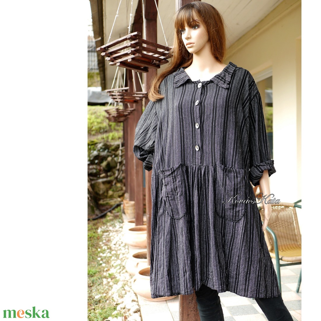 ILA-RUHA - flapper ingruha /  fekete-szürke csíkos len - ruha & divat - női ruha - ruha - Meska.hu