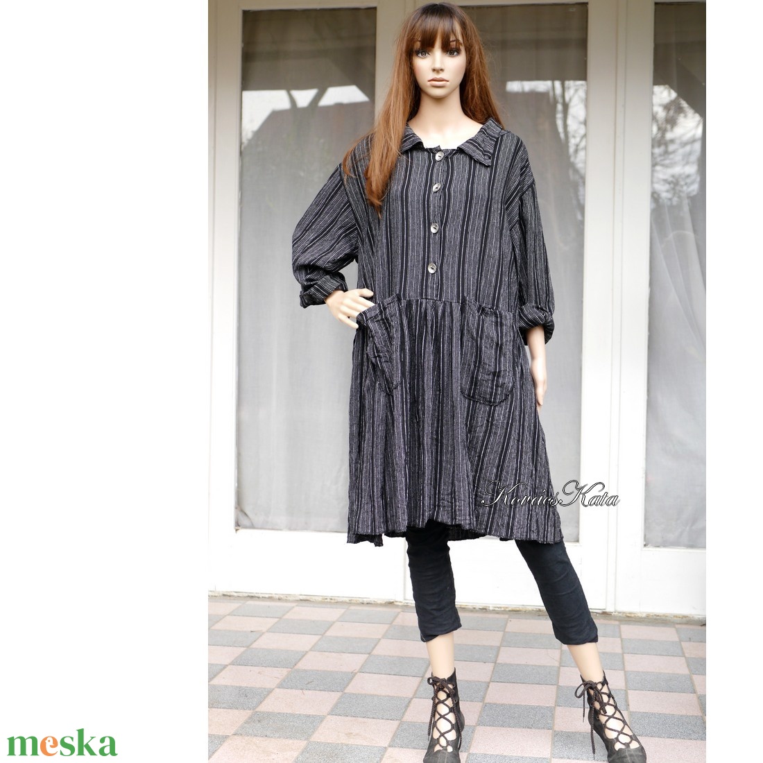 ILA-RUHA - flapper ingruha /  fekete-szürke csíkos len - ruha & divat - női ruha - ruha - Meska.hu