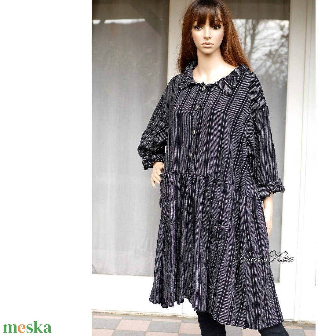 ILA-RUHA - flapper ingruha /  fekete-szürke csíkos len - ruha & divat - női ruha - ruha - Meska.hu