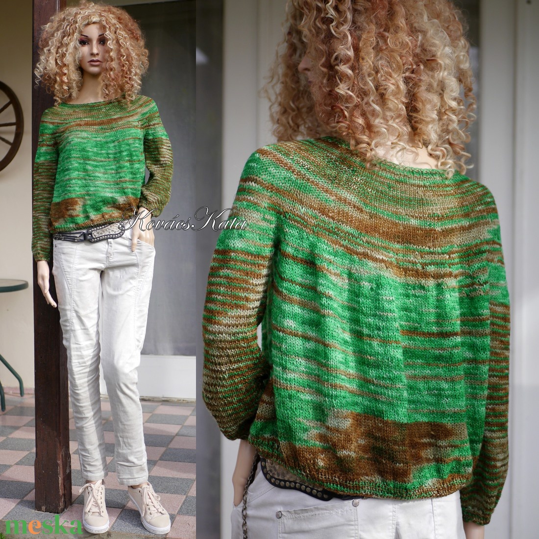CRAZY LINEN / smaragd románc - exkluzív egyedi festésű gyapjú-len kézzel kötött  pulóver  - ruha & divat - női ruha - pulóver & kardigán - Meska.hu