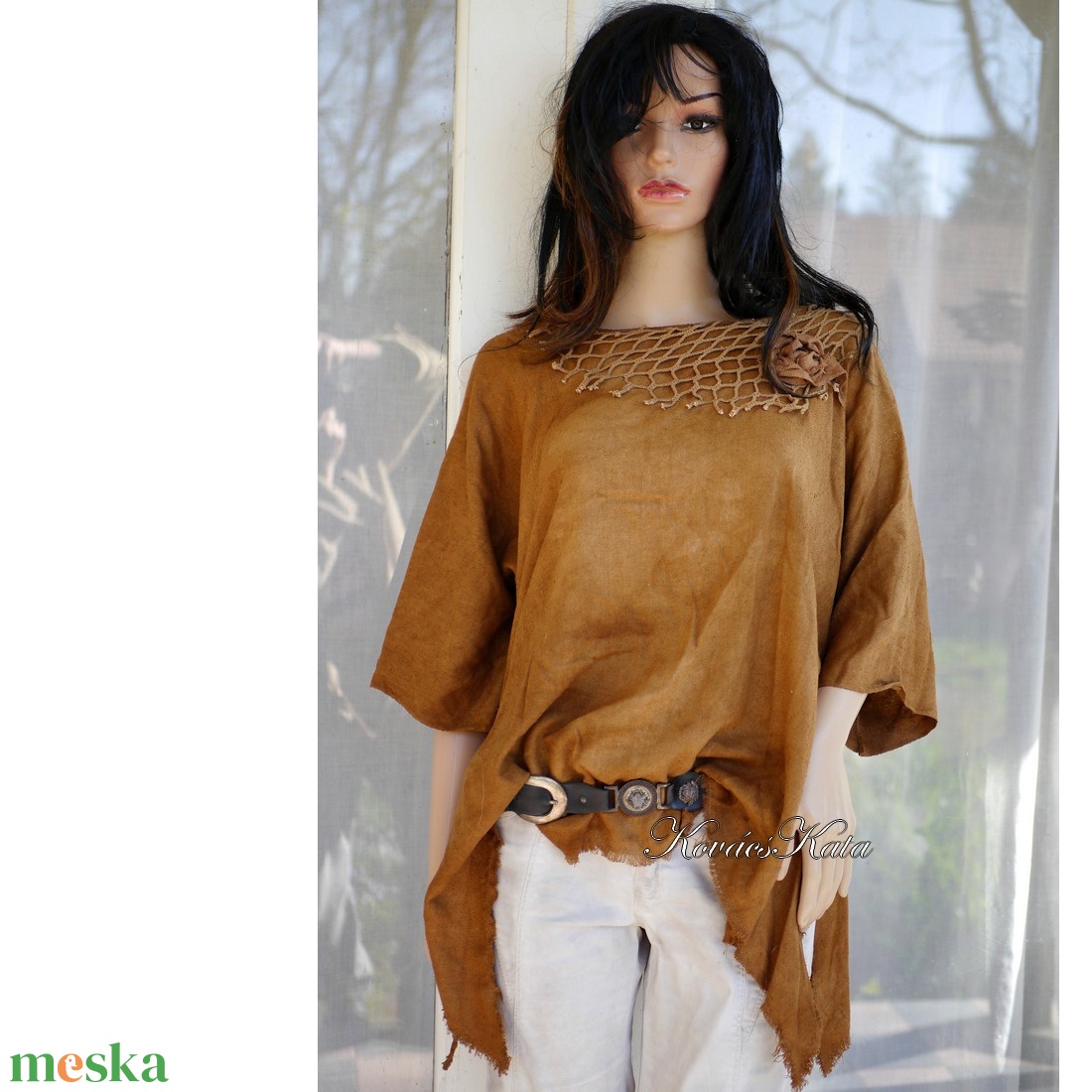 BURETT TUNIKA / fahéj - bohém oversize kézzel festett design blúz - ruha & divat - női ruha - blúz - Meska.hu